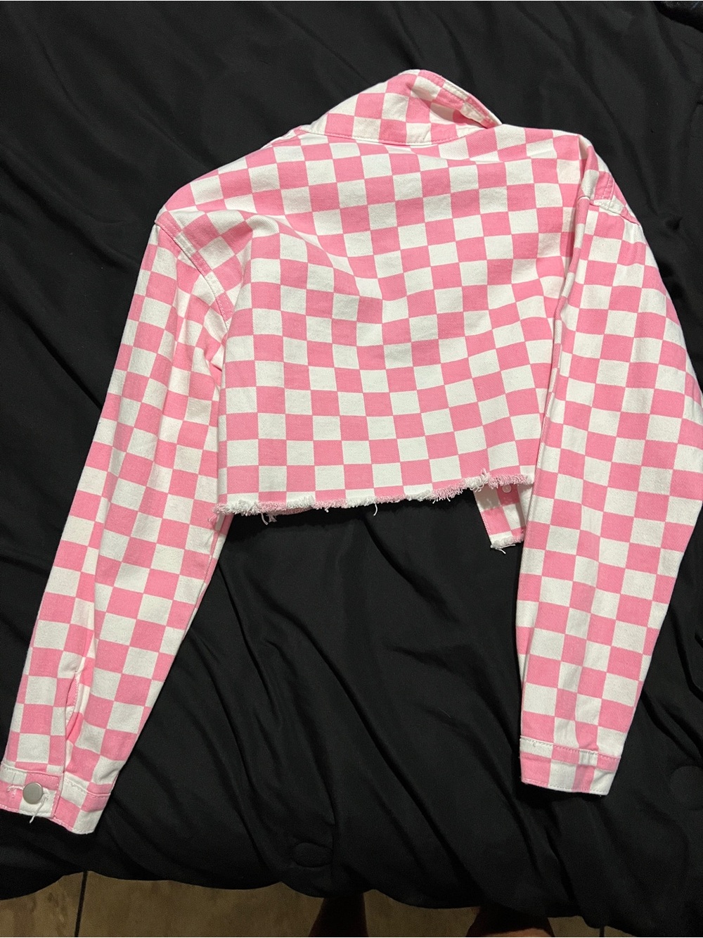 Cropped Pink and White Checkerboard Denim-like Jacket - Women - Picture 2 of 4